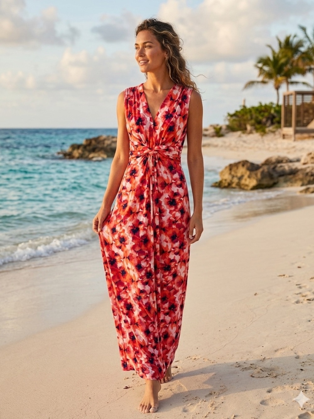 Peach Love California Sleeveless Red Poppy Floral Knot-Waist Maxi Dress M/L